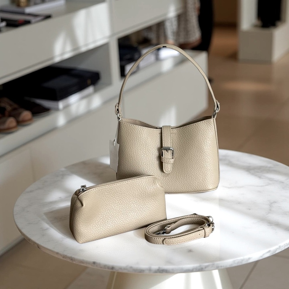 Khaki Microfiber Leather Shoulder Bag with Minimalist Design